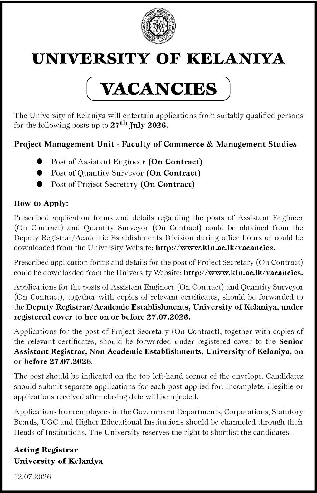 Post of Project Secretary (On Contract) header image