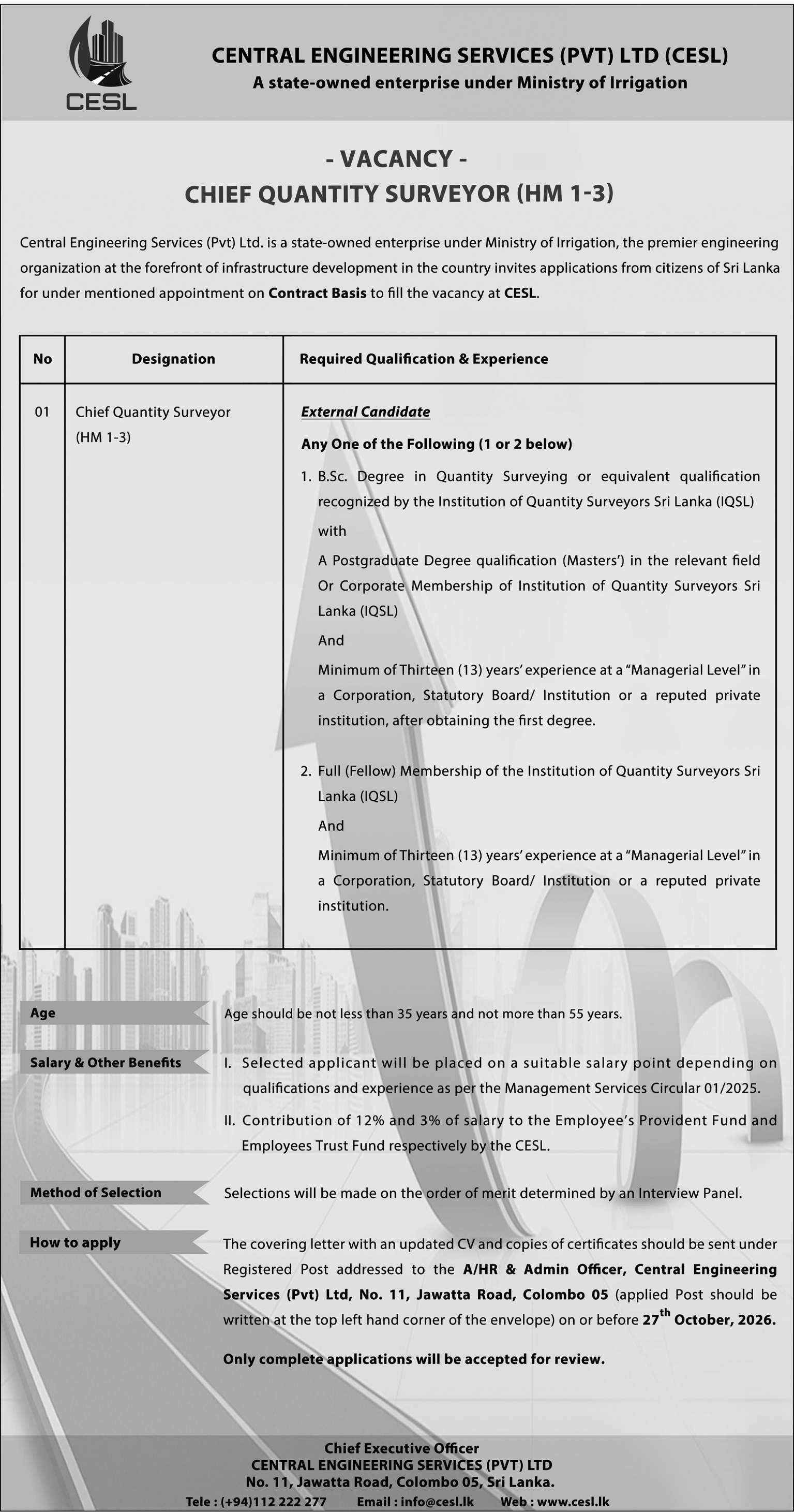 Chief Quantity Surveyor header image